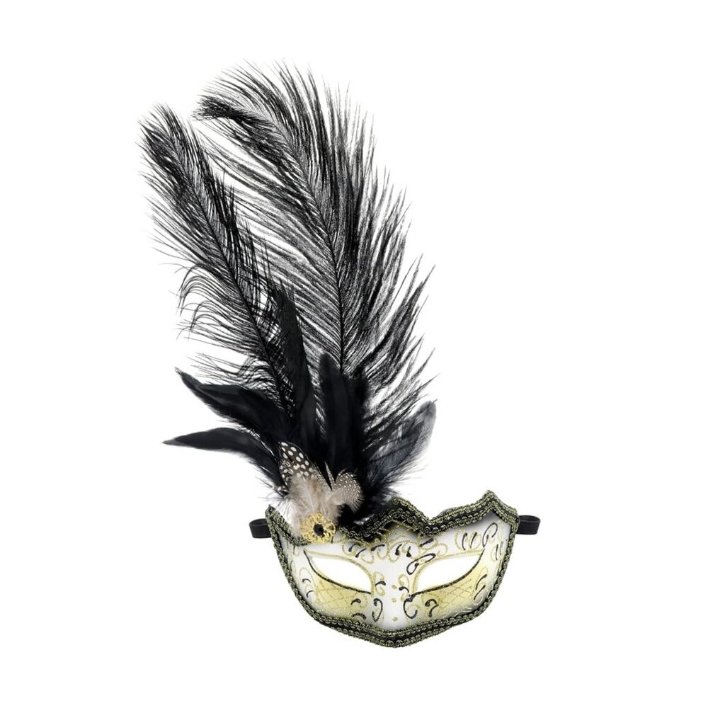 Feather Masquerade Mask Black Silver & Gold Venetian Style Halloween Costume